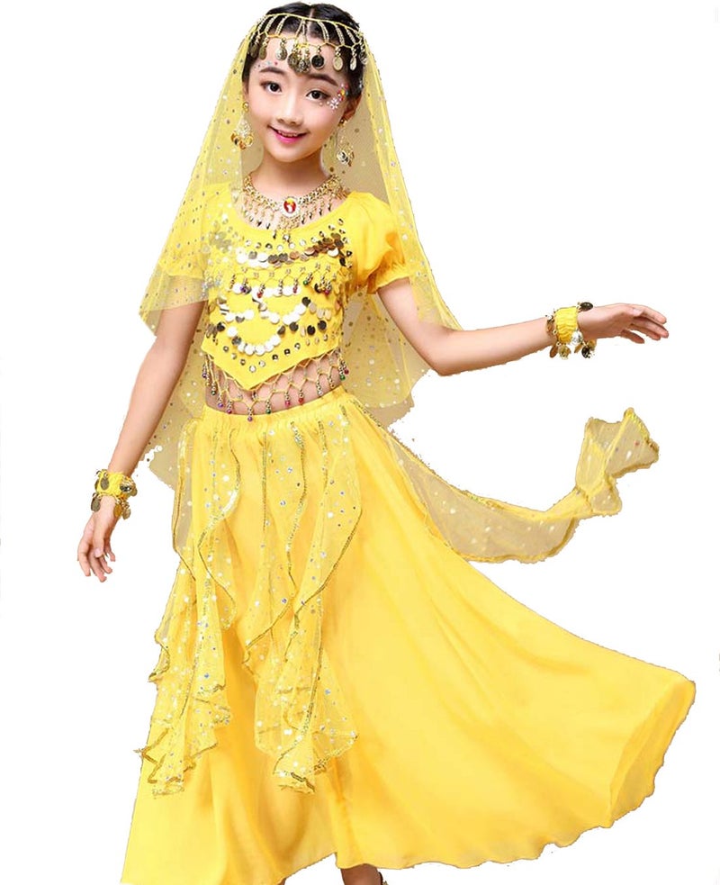 Astage Girl Belly Dance Sequin Indian Dance Costume Halloween Wear Yellow S(6Y-8Y) - Image 1